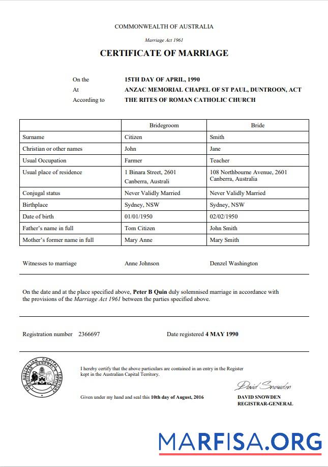 Downloadable Australia Australian Capital Territory marriage certificate template in Word